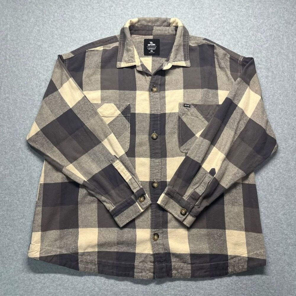 Rip Curl Flannel Shirt Mens Size XL Gray Cream Black Buffalo Plaid Button Up